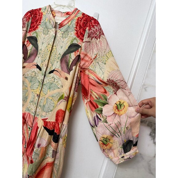 Carolina K Flamingo Bird Print Midi Shirt Dress Floral Tropical Red Linen L - Picture 6 of 13